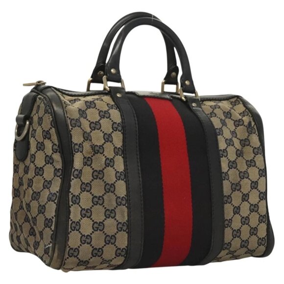GUCCI GG Canvas Sherry Line Boston Bag Navy Red 247205 Auth gh440 - Picture 1 of 16